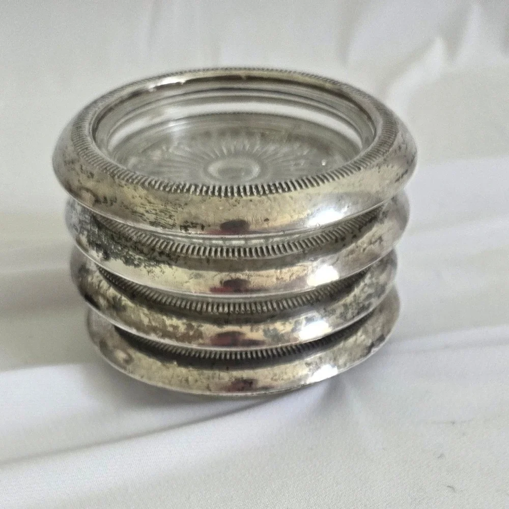 Vintage Set of 4 Starburst Cut Glass Coasters with Silver plated Metal Rims